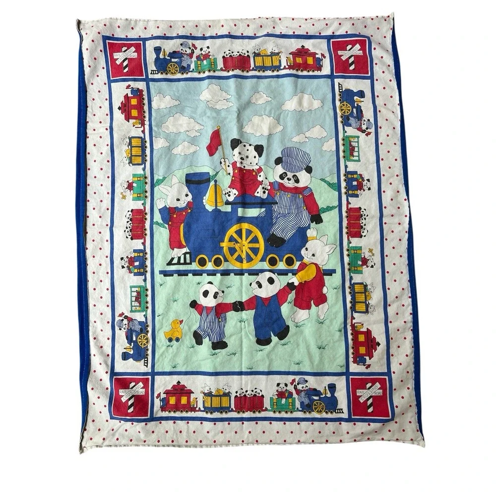VTG 90's Baby Crib Blanket / Wall Hanging Train Animals Primary Colors 30